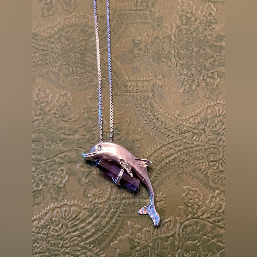 Sterling silver necklace amethyst & dolphin